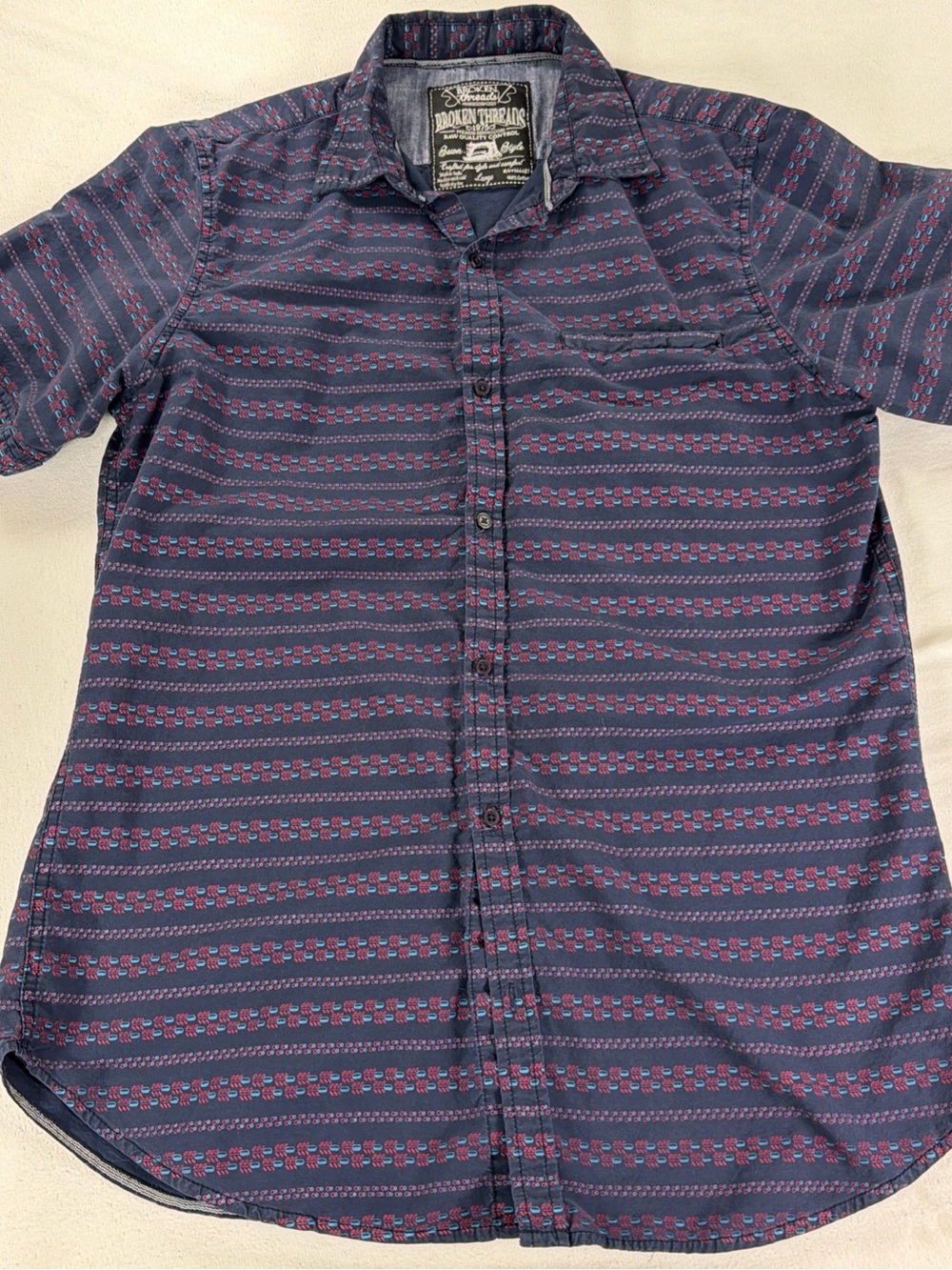 Broken Thread Premimum Denim Goods Mens L Short Sleeve Button Blue 100% Cotton